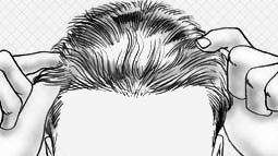 Both hands positioning the system's front edge against the hairline